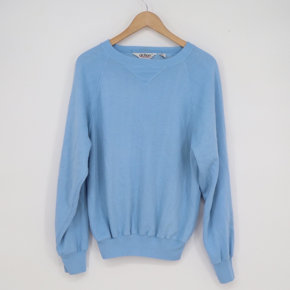 Vintage Action Blue Crewneck Sweatshirt Raglan V-Stitch Acrylic Mens Medium